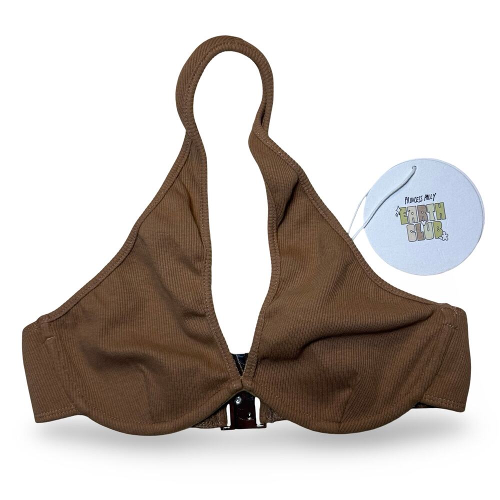 Princess Polly Earth Club Twist Strap Top Sz 4 | Brown Ribbed Halter NWT